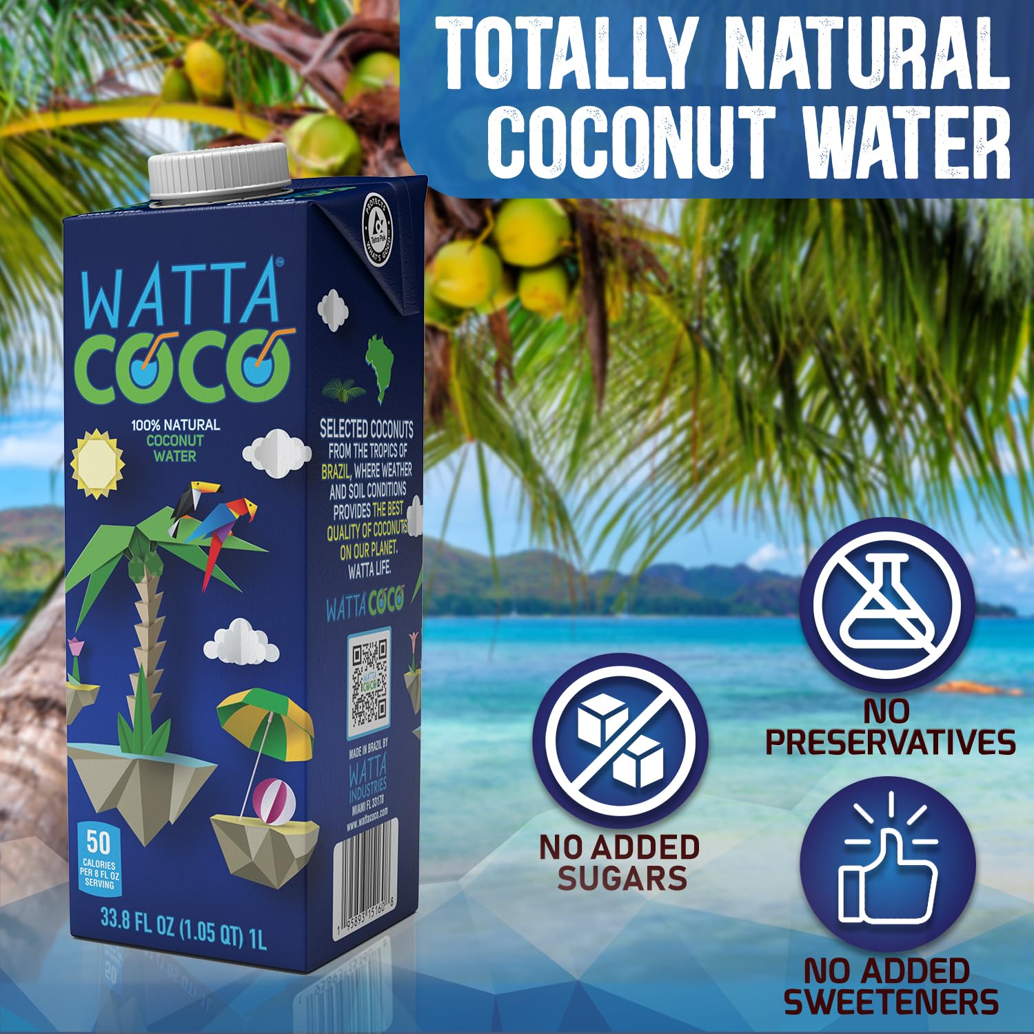 Watta Coco Brazilian Coconut Water — 33.8 fl oz - 6 Pack Case
